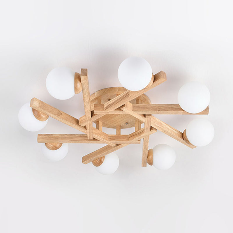 Nordic Flush Mount Globe Ceiling Light Fixture with Wood and Glass for Bedroom