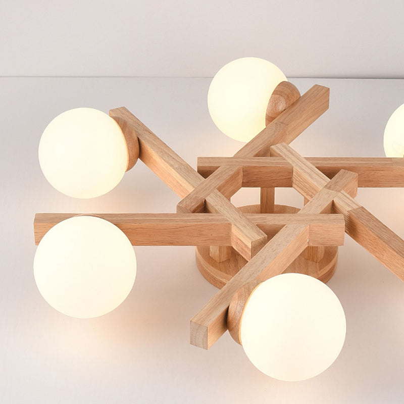 Nordic Flush Mount Globe Ceiling Light Fixture with Wood and Glass for Bedroom