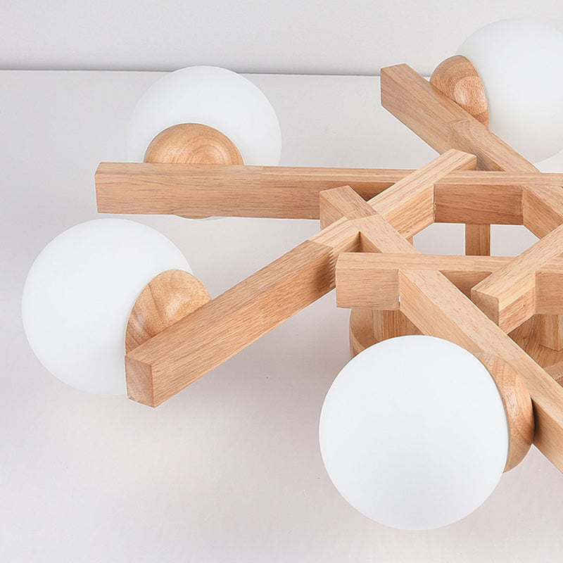 Nordic Flush Mount Globe Ceiling Light Fixture with Wood and Glass for Bedroom