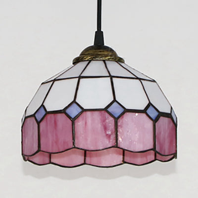 Hemisphere Pendant Light 1 Bulb Pink/Blue/Orange Stained Glass Tiffany-Style Ceiling Suspension Lamp