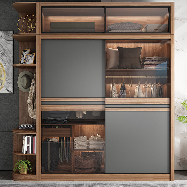Brown and Gray Storage Cabinet Modern Sliding Door Cabinet with Drawers
