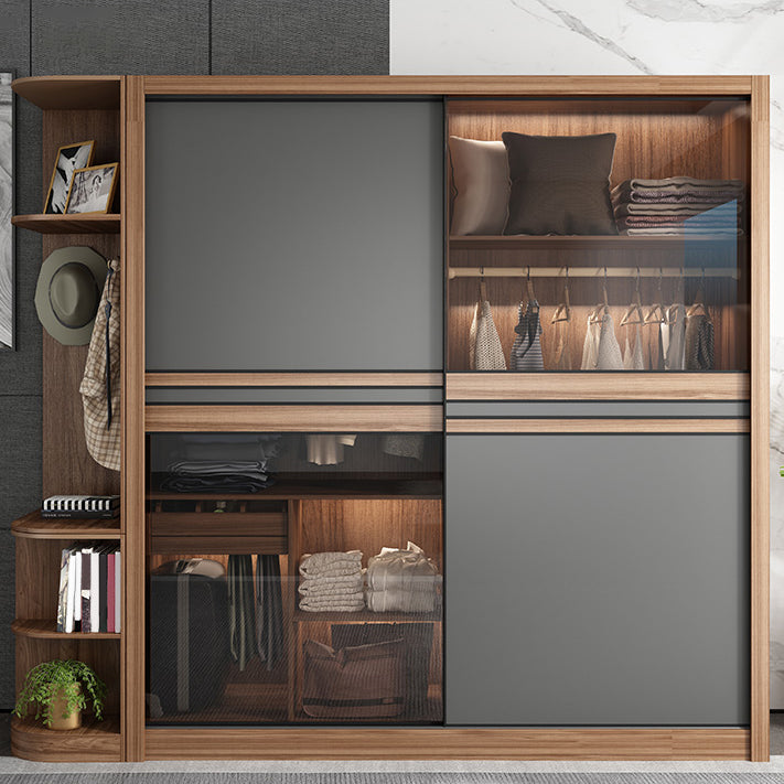 Brown and Gray Storage Cabinet Modern Sliding Door Cabinet with Drawers