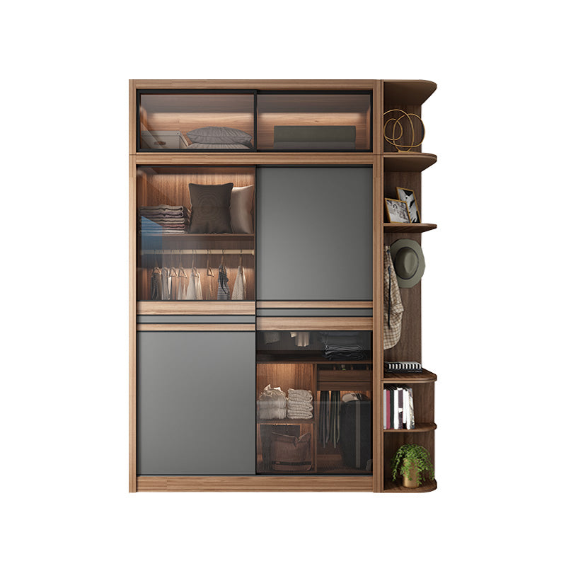 Brown and Gray Storage Cabinet Modern Sliding Door Cabinet with Drawers