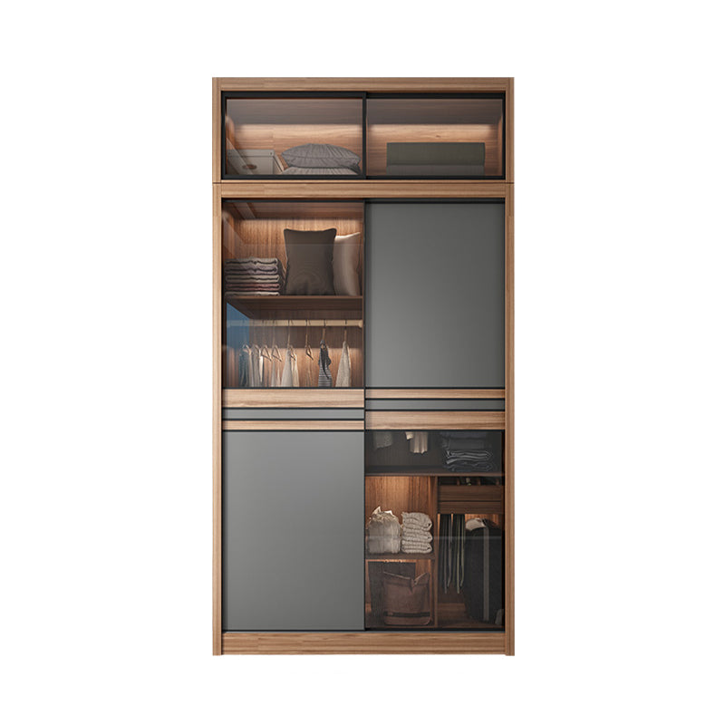 Brown and Gray Storage Cabinet Modern Sliding Door Cabinet with Drawers