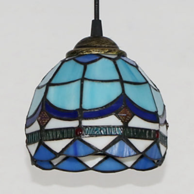 Mini Bowl Pendant Light Stained Glass Tiffany Single Hanging Lamp in Black Finish