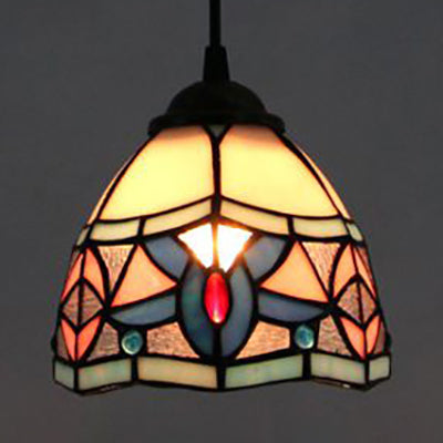 Mini Bowl Pendant Light Stained Glass Tiffany Single Hanging Lamp in Black Finish