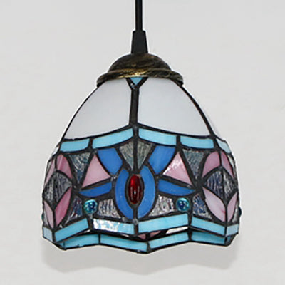Mini Bowl Pendant Light Stained Glass Tiffany Single Hanging Lamp in Black Finish