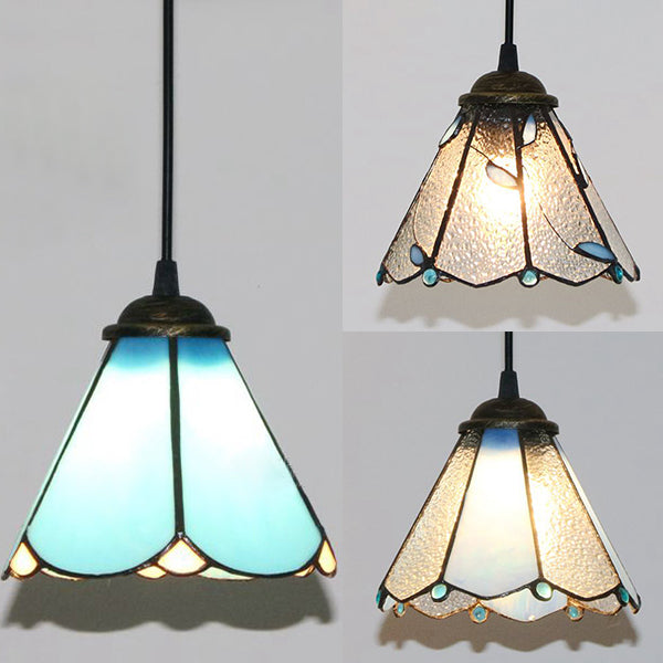 Tiffany Conical Hanging Light 1 Bulb Blue/Clear/Blue-Clear Cut Glass Ceiling Suspension Lamp for Dining Room