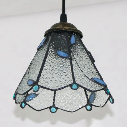 Tiffany Conical Hanging Light 1 Bulb Blue/Clear/Blue-Clear Cut Glass Ceiling Suspension Lamp for Dining Room