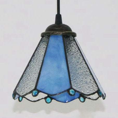 Tiffany Conical Hanging Light 1 Bulb Blue/Clear/Blue-Clear Cut Glass Ceiling Suspension Lamp for Dining Room