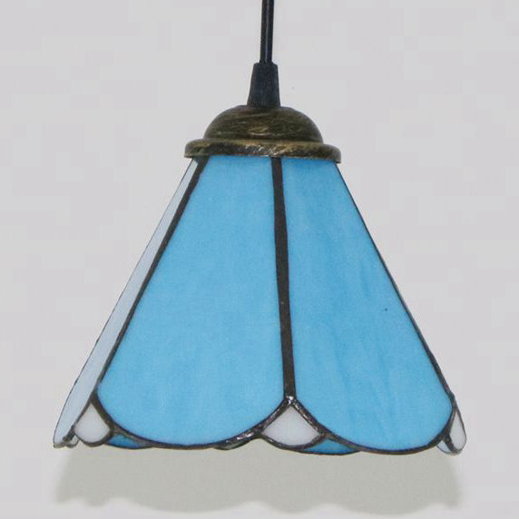 Tiffany Conical Hanging Light 1 Bulb Blue/Clear/Blue-Clear Cut Glass Ceiling Suspension Lamp for Dining Room
