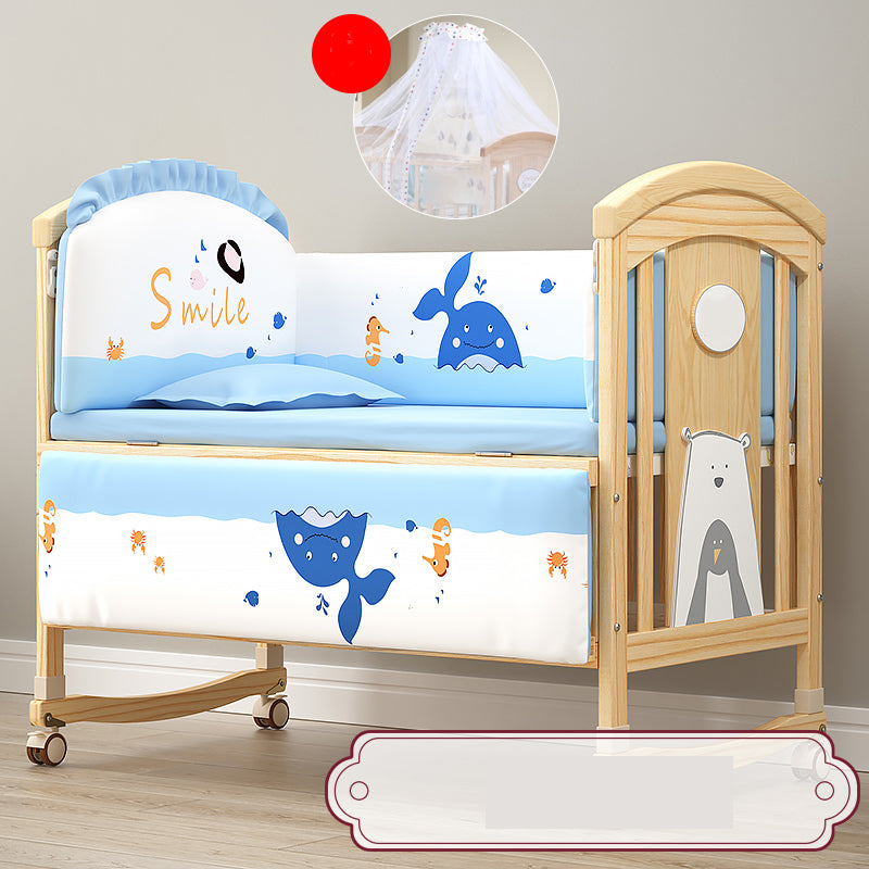 Modern Baby Crib with Guardrail with Casters/Wheels Washed Natural Nursery Bed