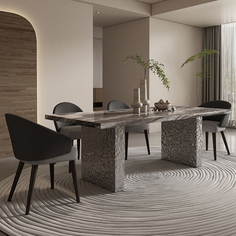 Glossy Gray Stone Dining Table Set 1/4/5/7 Pcs Dinette Set with Arm Chairs