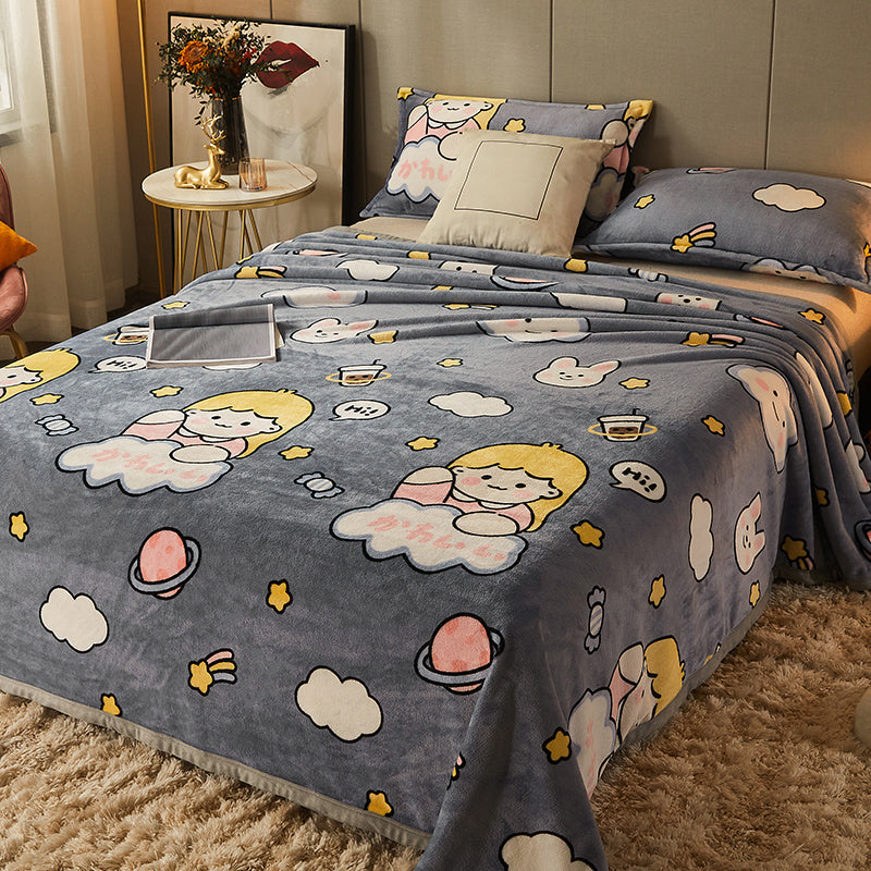 Non-Pilling Sheet Cartoon Painting Flannel Breathable Soft Fade Resistant Bed Sheet