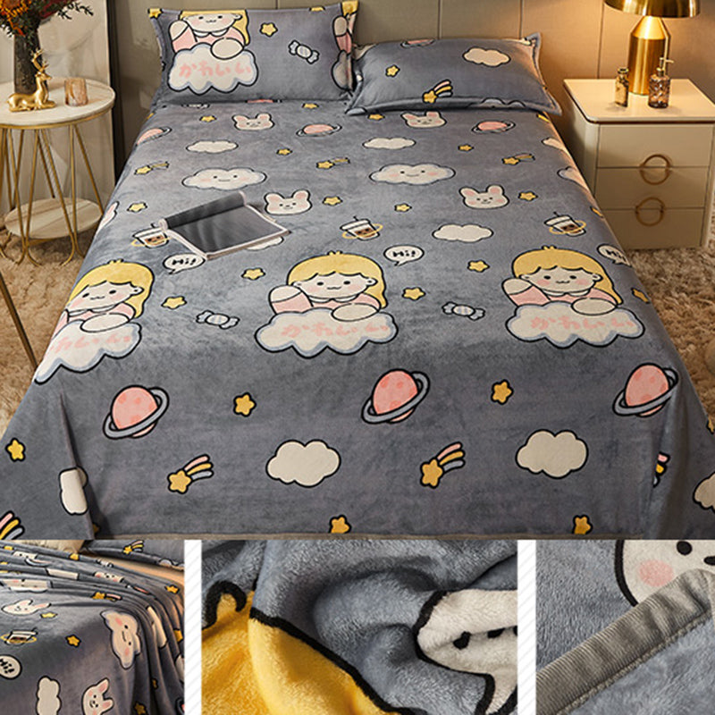 Non-Pilling Sheet Cartoon Painting Flannel Breathable Soft Fade Resistant Bed Sheet
