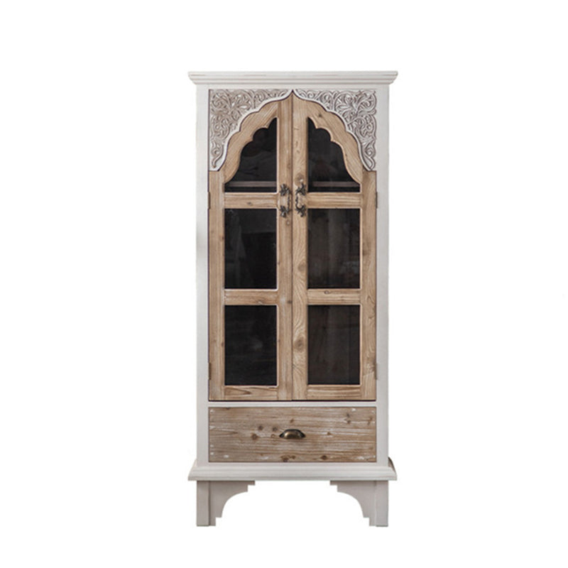 Traditional Pine Curio Cabinet Glass Doors Display Stand with Doors