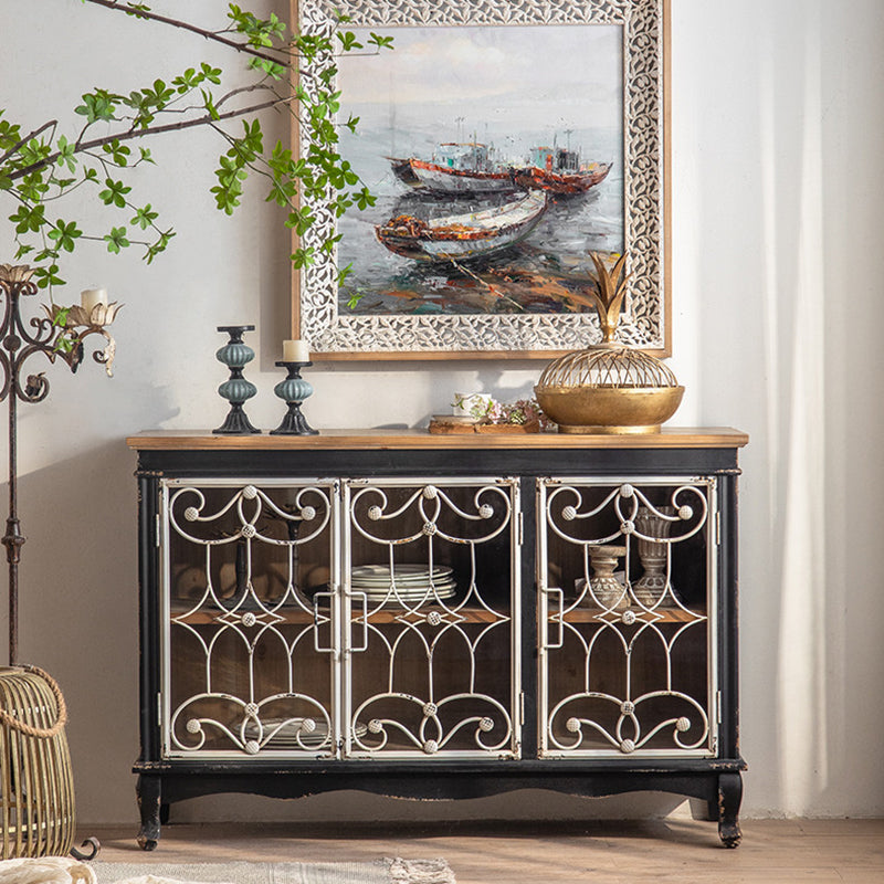 Traditional Pine Curio Cabinet Glass Doors Display Stand with Doors