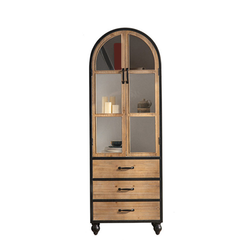 Traditional Pine Curio Cabinet Glass Doors Display Stand with Doors