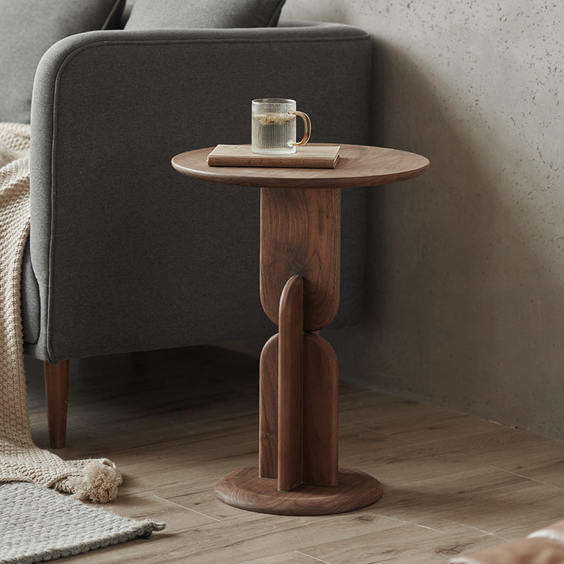 Contemporary Side End Table Round Pedestal Walnut Living Room Solid Wood Corner Table