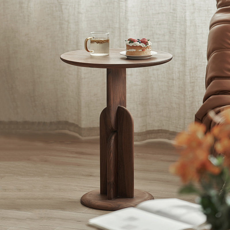 Contemporary Side End Table Round Pedestal Walnut Living Room Solid Wood Corner Table