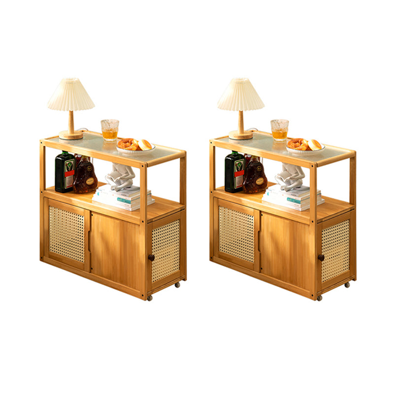 Asian Rectangular Side Table Glass Top End Table with Cabinet