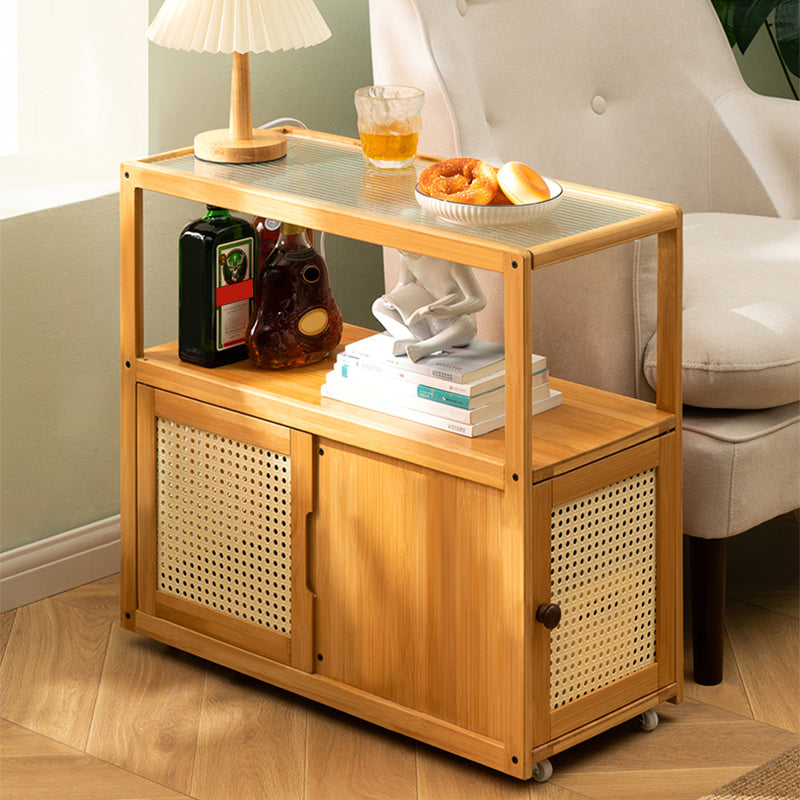 Asian Rectangular Side Table Glass Top End Table with Cabinet