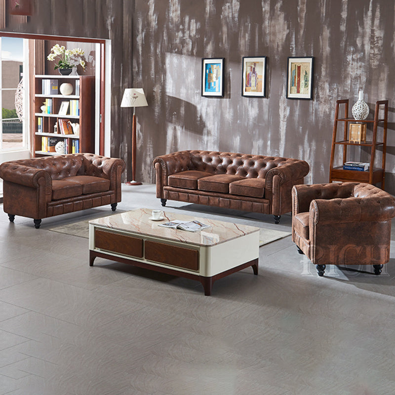 Chesterfield Dark Brown Sofa Apartment Tuxedo Arm Loveseat Genuine Leather Sofa