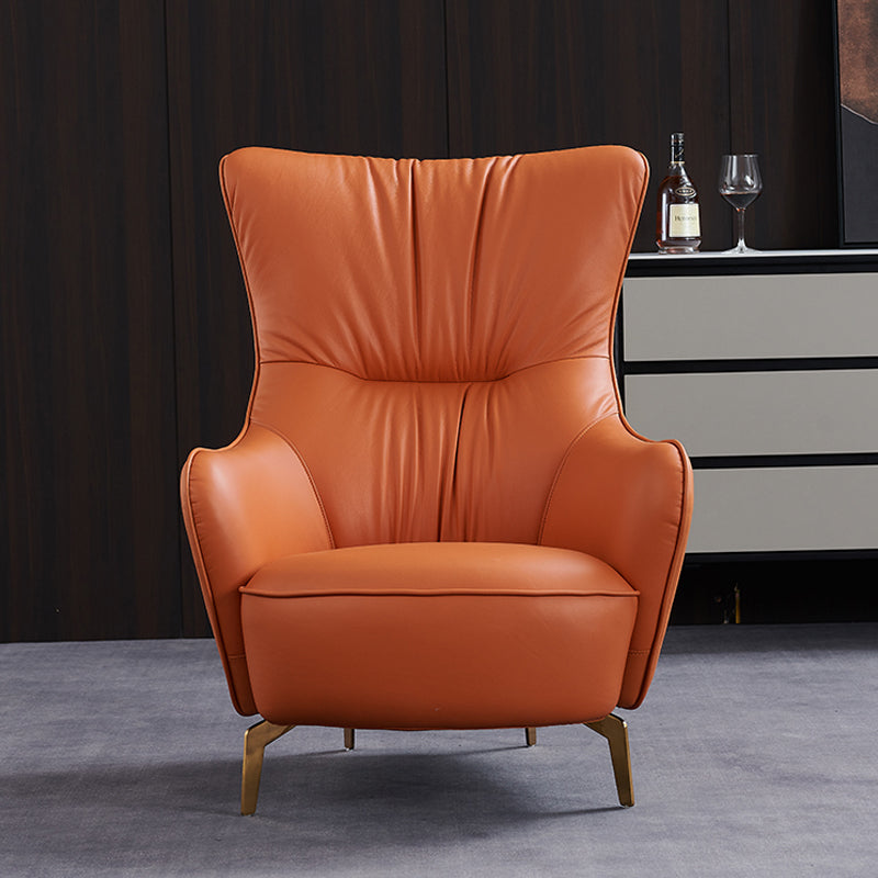 Modern Fixed Back Chair Solid Color Upholstered Genuine Leather ArmChair