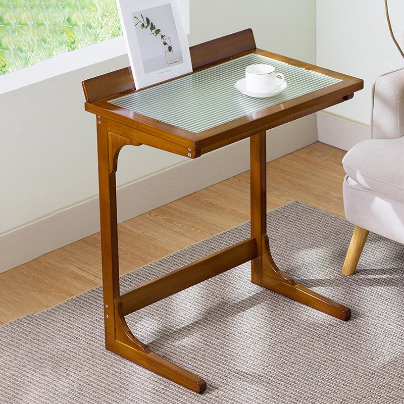 Rectangular Glass Top Side Table Wood Sofa Side Accent Table