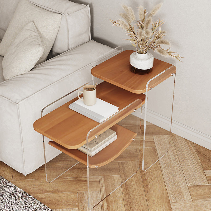 Wood and Acrylic Side End Table Double Tier Table with Shelf for Living Room