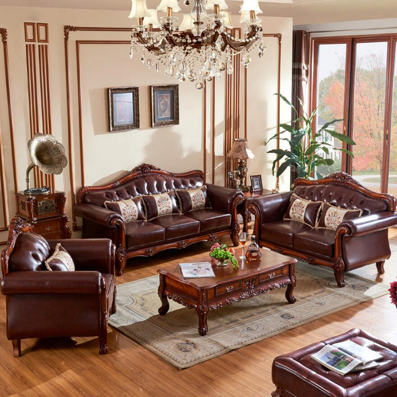 Genuine Leather Sofa Tufted Split-Back Rolled Arm Sofa in Brown