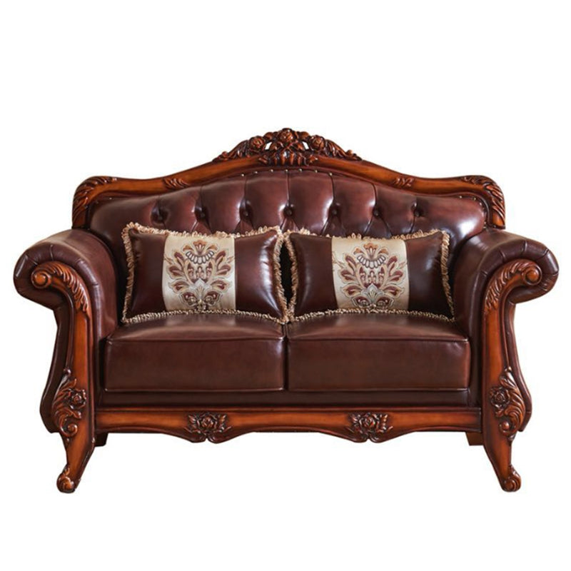 Genuine Leather Sofa Tufted Split-Back Rolled Arm Sofa in Brown