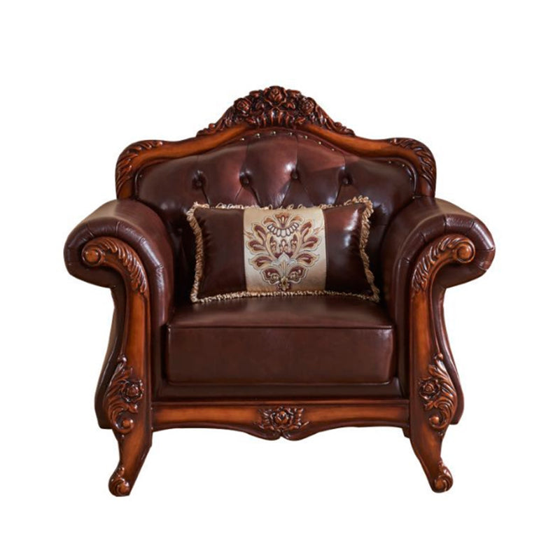 Genuine Leather Sofa Tufted Split-Back Rolled Arm Sofa in Brown