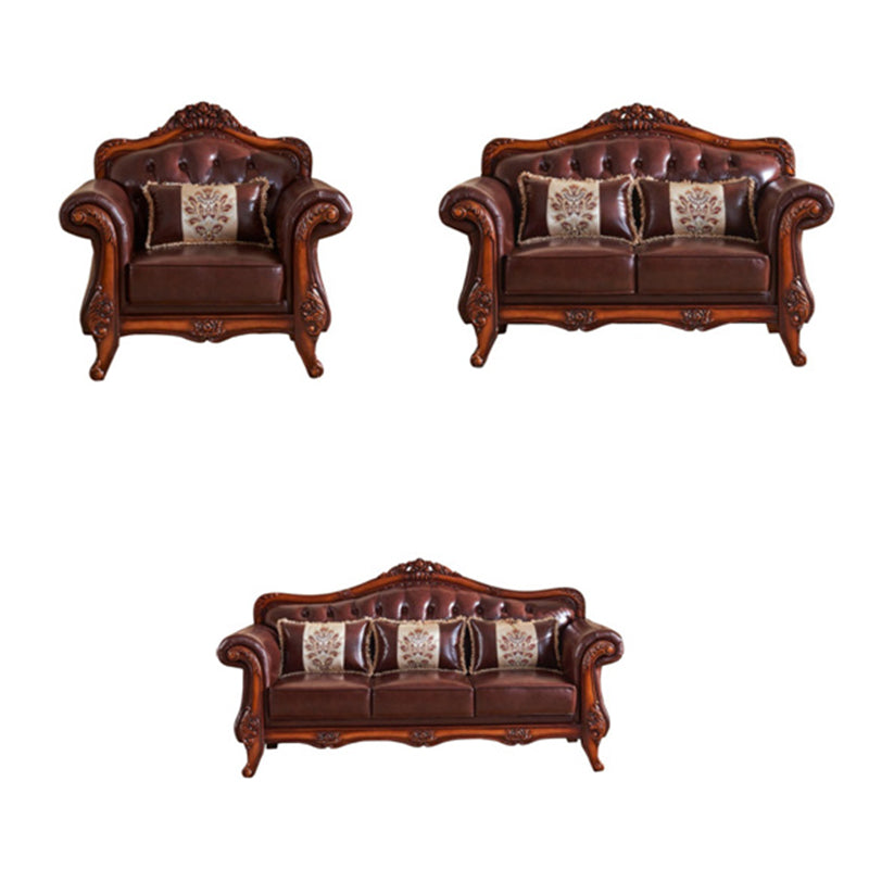 Genuine Leather Sofa Tufted Split-Back Rolled Arm Sofa in Brown