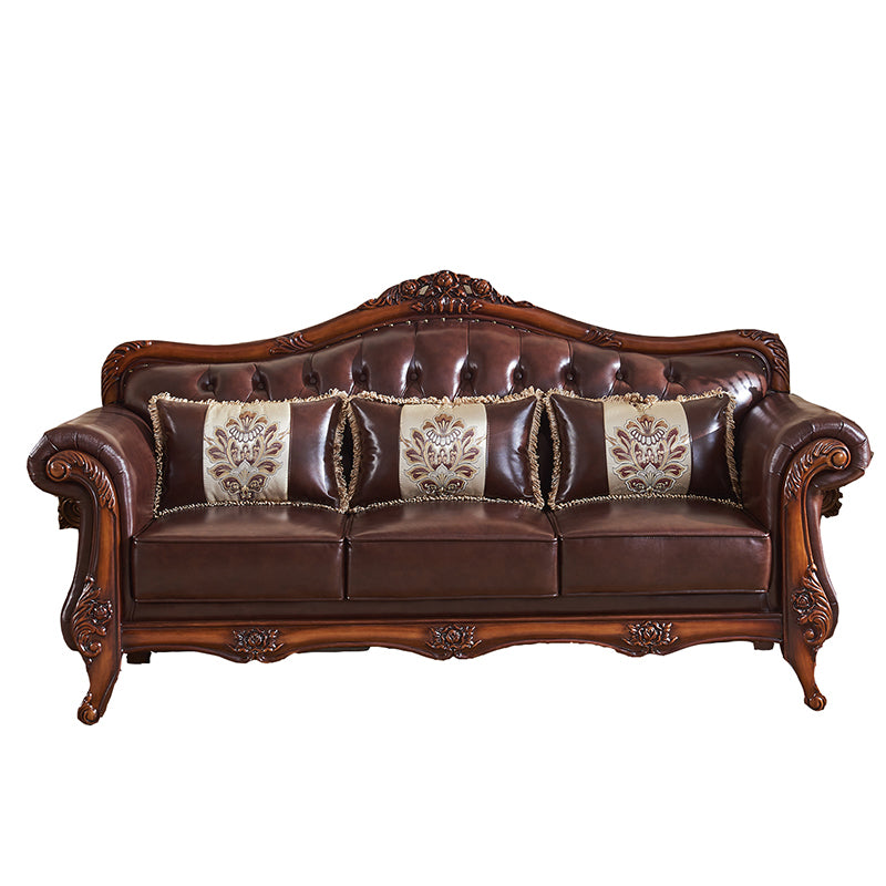 Genuine Leather Sofa Tufted Split-Back Rolled Arm Sofa in Brown