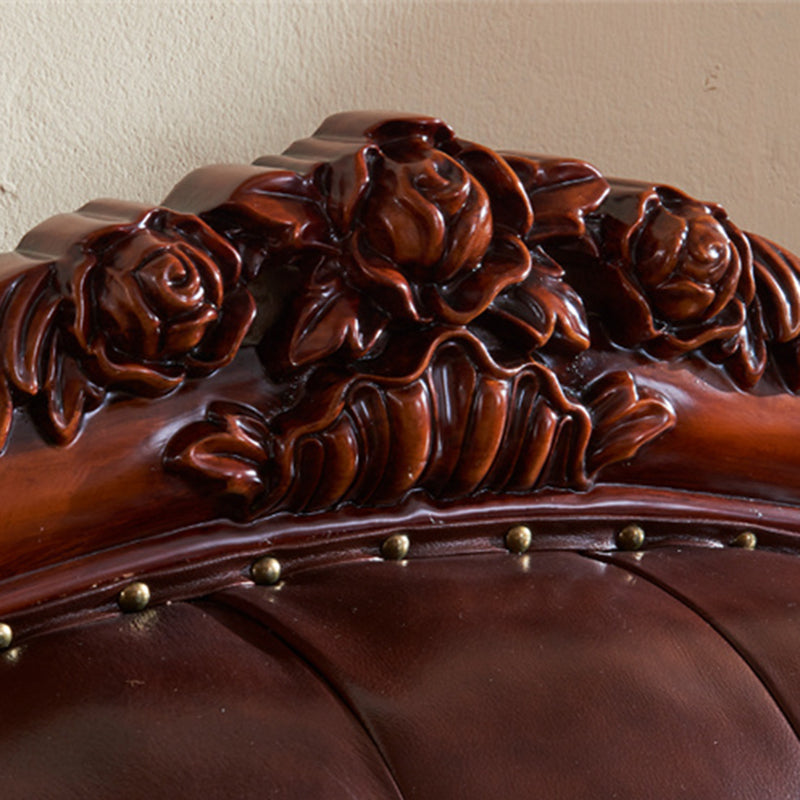 Genuine Leather Sofa Tufted Split-Back Rolled Arm Sofa in Brown