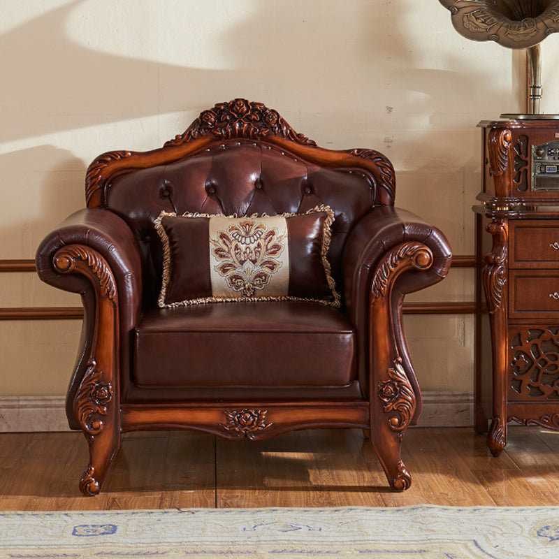 Genuine Leather Sofa Tufted Split-Back Rolled Arm Sofa in Brown