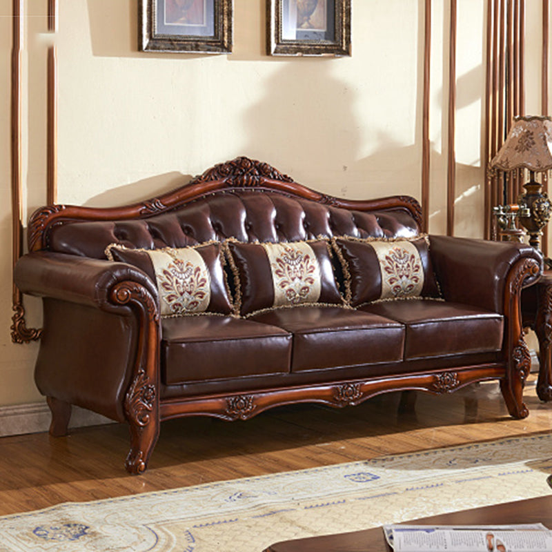 Genuine Leather Sofa Tufted Split-Back Rolled Arm Sofa in Brown