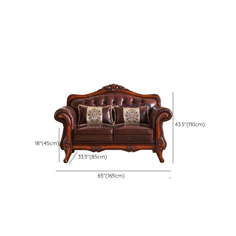 Genuine Leather Sofa Tufted Split-Back Rolled Arm Sofa in Brown