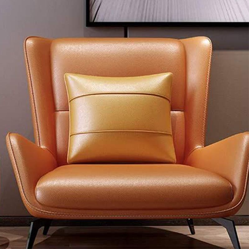 Modern Pillow Back Chair Genuine Leather Upholstered ArmChair in Orange