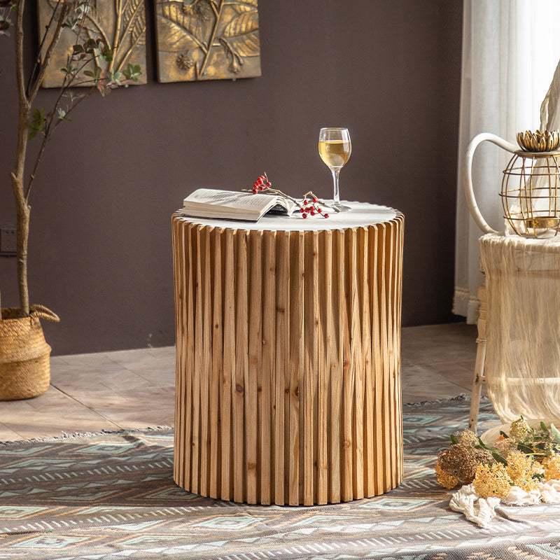 Rustic Drum Side Table Solid Wood Round End Table in Distressed Finish