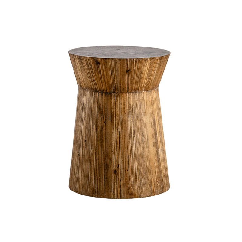 Rustic Drum Side Table Solid Wood Round End Table in Distressed Finish