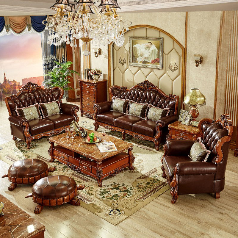 Ornate Traditional Tufted Split-Back Seating Flared Arm Sofa with Pillows in Brown