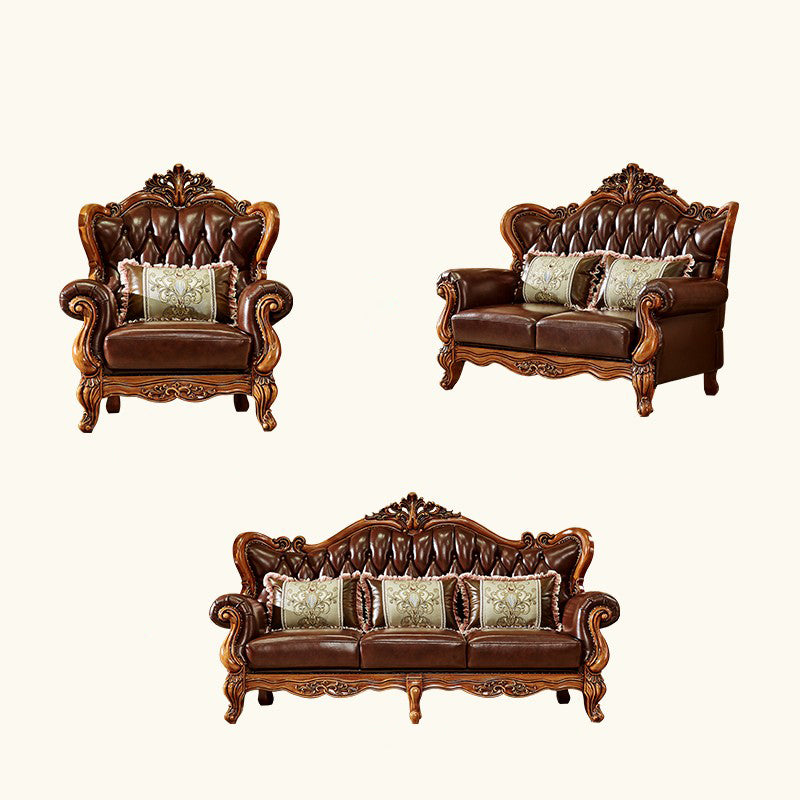 Ornate Traditional Tufted Split-Back Seating Flared Arm Sofa with Pillows in Brown
