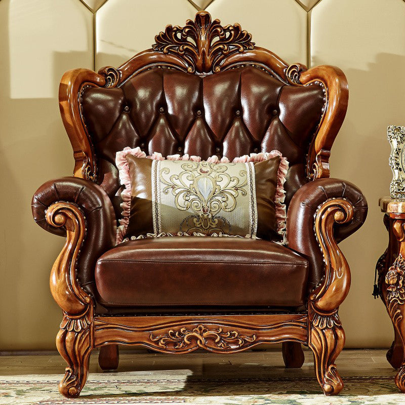Ornate Traditional Tufted Split-Back Seating Flared Arm Sofa with Pillows in Brown