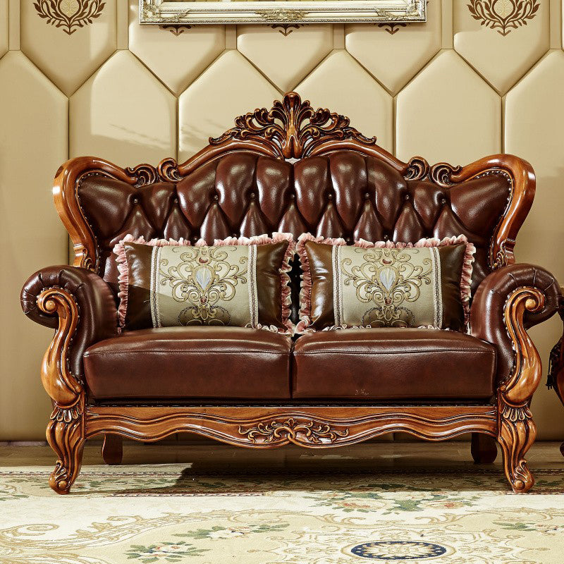 Ornate Traditional Tufted Split-Back Seating Flared Arm Sofa with Pillows in Brown