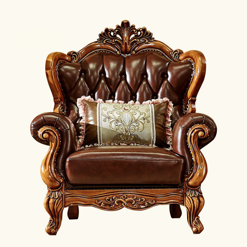 Ornate Traditional Tufted Split-Back Seating Flared Arm Sofa with Pillows in Brown