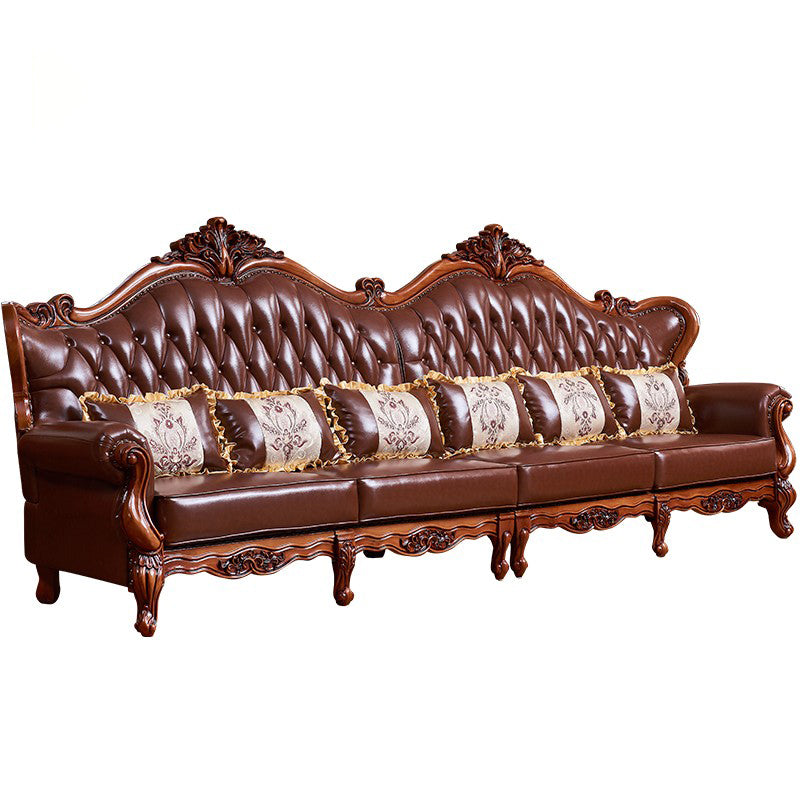 Ornate Traditional Tufted Split-Back Seating Flared Arm Sofa with Pillows in Brown