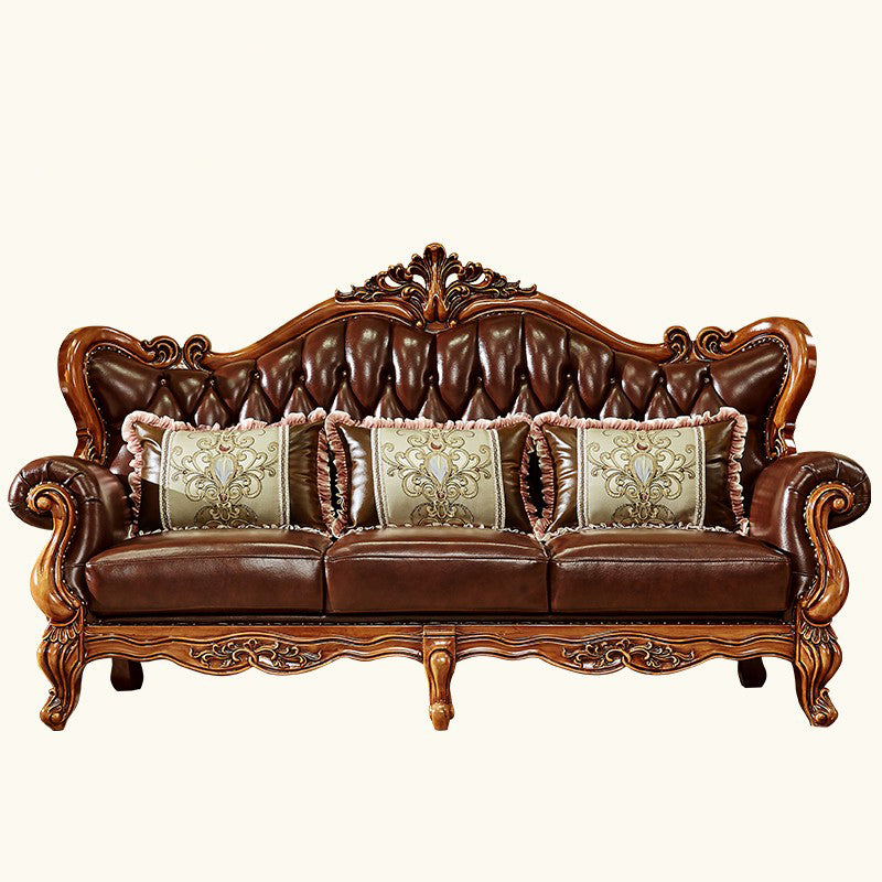 Ornate Traditional Tufted Split-Back Seating Flared Arm Sofa with Pillows in Brown