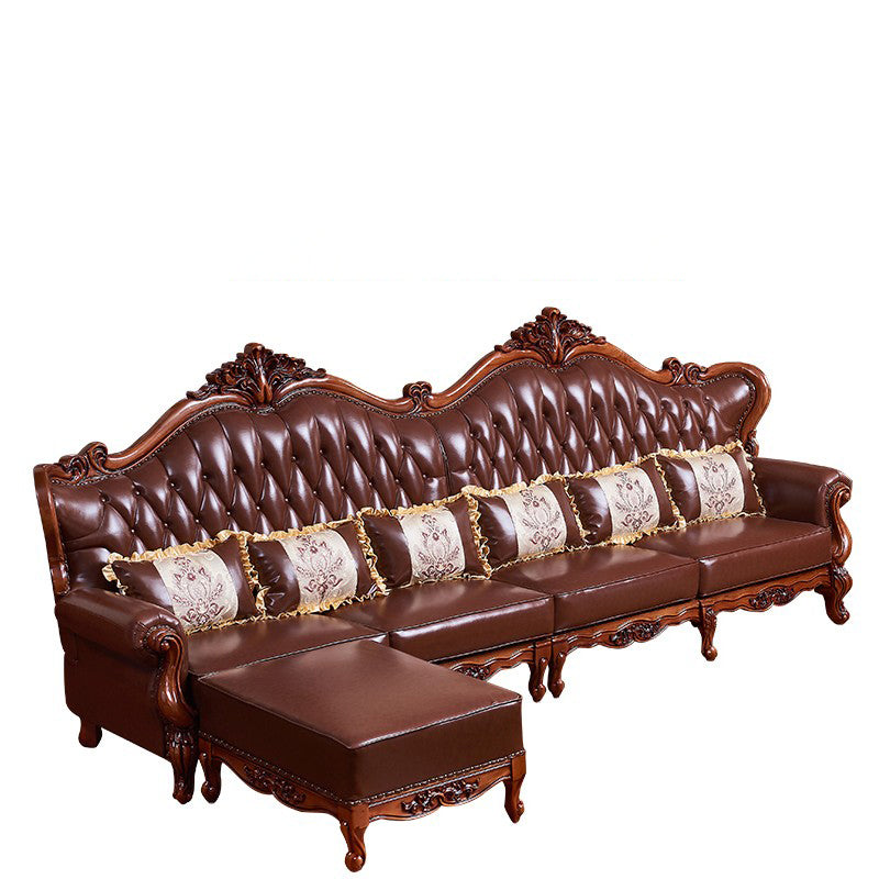 Ornate Traditional Tufted Split-Back Seating Flared Arm Sofa with Pillows in Brown